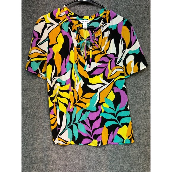 Nine West Top Women’s M Multicolor Abstract Leaf Print Short Sleeve Tie Neck Top - Picture 2 of 12